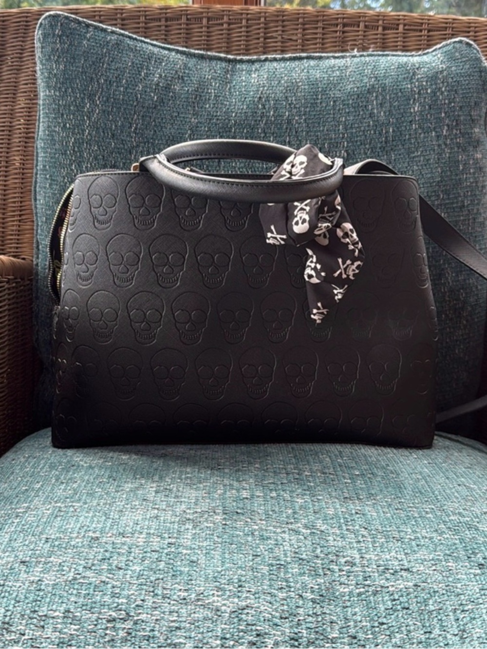 Betsey Johnson Black Skull-Embossed Tote Bag with Scarf Accent